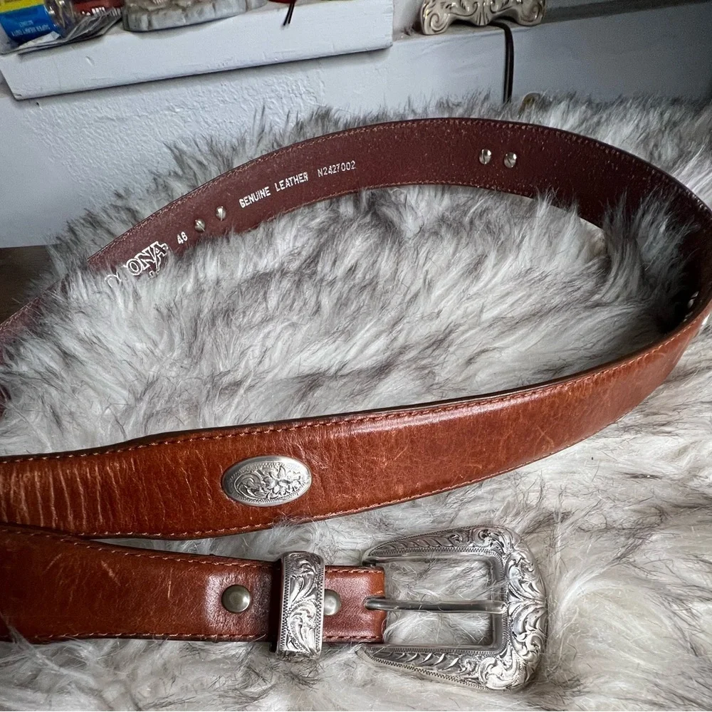 Nocona brown leather belt and ornate silver belt buckle